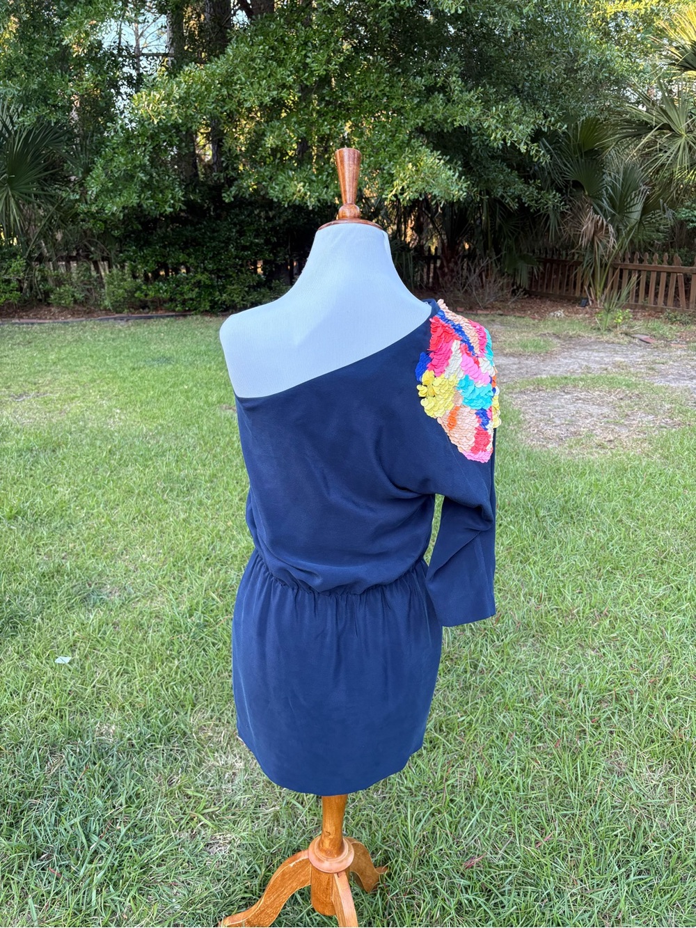 Tibi Navy One-Shoulder Dress with Multicolor Sequin Shoulder